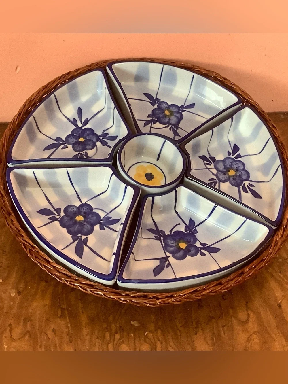 Vintage Floral Ceramic Serving Platter  6-Part Snack & Dip  9.5” Tray